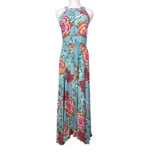 Jaase Blue Floral Tropical Halter Large Maxi Dress Smocked Resortwear‎ Beachy